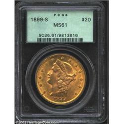 1899-S $20 MS61 PCGS. A small, curved lintmark reaches the truncation of the bust. A boldly struck a