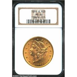 1899-S $20 MS62 NGC. Frosty and lustrous with a normal complement of light surface marks for the gra