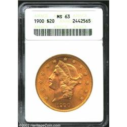 1900 $20 MS63 ANACS. With a pleasing, mellow, rose-gold color, and attractive satiny surfaces, this.