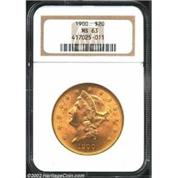 1900 $20 MS63 NGC. Very frosty surfaces with pleasing luster and overall eye appeal.From the Aaron B