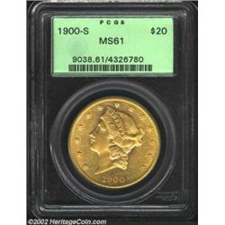 1900-S $20 MS61 PCGS. A sharply struck piece that has bright and semi-prooflike fields. The lightly.