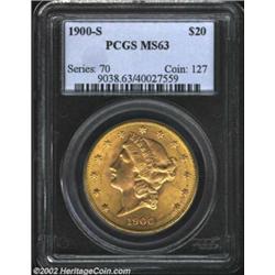 1900-S $20 MS63 PCGS. Obviously original, the orange-gold color deepens in shade to olive-gold hues.