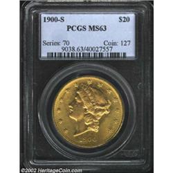 1900-S $20 MS63 PCGS. Green-gold color warms to orange-gold hues as the surfaces rotate into the lig