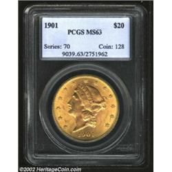 1901 $20 MS63 PCGS. A sharply struck, carefully preserved specimen, with good color, bright satiny l