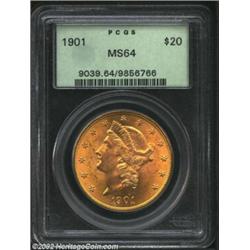 1901 $20 MS64 PCGS. Terrific cartwheel luster is seen on the well struck surfaces of this exquisitel