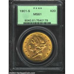 1901-S $20 MS61 PCGS. The shield stripes have minor softness of detail, but the strike is otherwise.