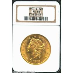 1901-S $20 MS62 NGC. Yellow-gold S-mint issue that displays a degree of reflectivity in its lustrous