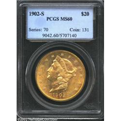 1902-S $20 MS60 PCGS. Well struck and highly lustrous, this specimen displays a grade-limiting numbe