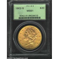 1902-S $20 MS61 PCGS. A lustrous example that has a carefully preserved reverse and only a few trivi