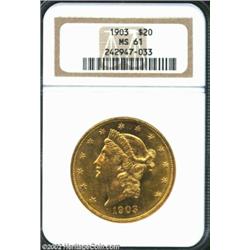 1903 $20 MS61 NGC. Surfaces are reflective and brilliant despite a few alloy spots. From the Aaron B