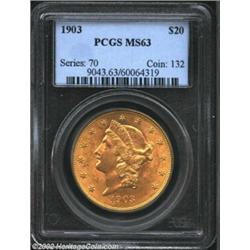 1903 $20 MS63 PCGS. Smooth and lustrous, with patches of very light copper-toned discoloration on bo