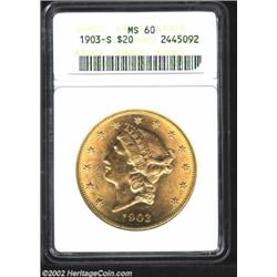 1903-S $20 MS60 ANACS. Lustrous and sharp, a number of noticeable marks on the cheek limit the grade