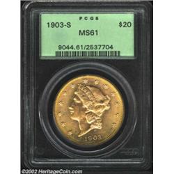 1903-S $20 MS61 PCGS. A flashy piece with semi-prooflike fields and rich orange-gold color. A modera