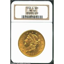 1903-S $20 MS62 NGC. Nicely struck, lustrous yellow-gold Twenty. From the Aaron Bliss Collection. Im