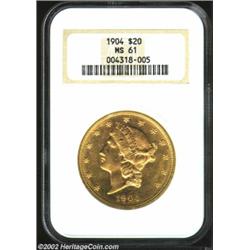 1904 $20 MS61 NGC. Although moderately abraded, the shimmering surfaces are tinged in attractive ora