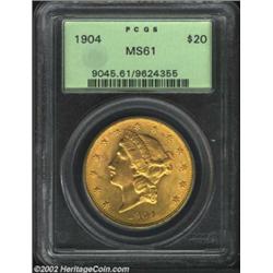 1904 $20 MS61 PCGS. Well struck and lustrous with sunset-gold color and surprisingly clean surfaces.