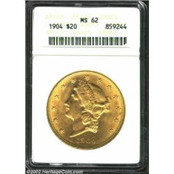 1904 $20 MS62 ANACS. A sharply struck and lustrous example, mildly abraded throughout, but none of t