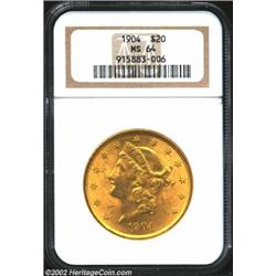 1904 $20 MS64 NGC. Lustrous and well struck with carefully preserved fields on this satiny example..