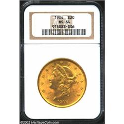 1904 $20 MS64 NGC. Lustrous and well struck with carefully preserved fields on this satiny example..