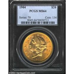 1904 $20 MS64 PCGS. Perfect for high grade type purposes, this near-Gem is richly frosted with no ar