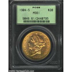 1904-S $20 MS61 PCGS. A small portion of the horizontal shield stripes has minor softness of strike,