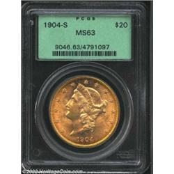 1904-S $20 MS63 PCGS. Blazing luster radiates through slight hazy obverse toning on this flashy, cho