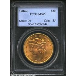 1904-S $20 MS65 PCGS. Gem BU survivors of the 1904-S are considerably rarer than those of its simila