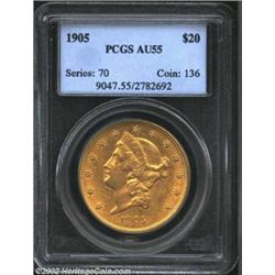 1905 $20 AU55 PCGS. A nice green-gold color accents problem-free, slightly worn surfaces.From the Aa