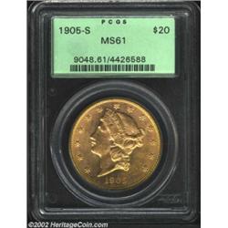 1905-S $20 MS61 PCGS. Flashy semi-prooflike luster and light golden-brown color gives this bright an