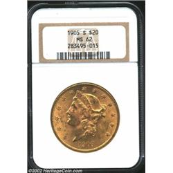 1905-S $20 MS62 NGC. Lustrous with the usual amount of abrasions for the grade. From the Aaron Bliss