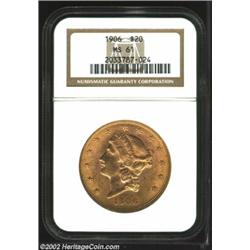 1906 $20 MS61 NGC. Light reddish toning. Liberty has an abrasion on her upper lip that makes it appe