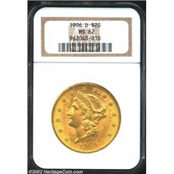 1906-D $20 MS62 NGC. First year for the Denver Mint to strike $20 Liberty's. Lustrous with olive-gol