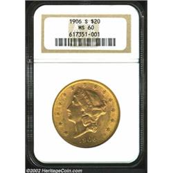 1906-S $20 MS60 NGC. This is an originally preserved representative whose otherwise orange-gold surf