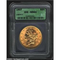 1907 $20 MS64 ICG. Sharply defined and highly lustrous with an alloy spot in Liberty's hair. Importa