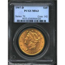 1907-D $20 MS63 PCGS. Creamy luster flows over even greenish-gold surfaces. Several horizontal hairl