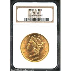 1907-D $20 MS63 NGC. Booming Mint luster with only a few random bagmarks apparent.From the Aaron Bli