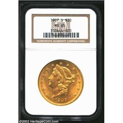 1907-D $20 MS65 NGC. One of only two Denver mint Twenty Libs and always a popular issue. While alway