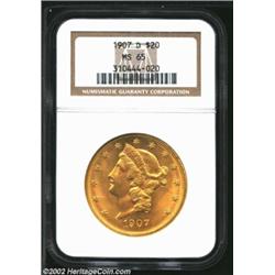 1907-D $20 MS65 NGC. One of only two Denver mint Twenty Libs and always a popular issue. While alway