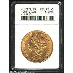 1907-S $20--Cleaned--ANACS. AU Details, Net XF45. Well defined but a bit dull from cleaning. Importa