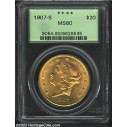 1907-S $20 MS60 PCGS. A few very faint slide marks across the cheek are all that prevents this lustr