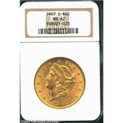 1907-S $20 MS62 NGC. Rich, frosty luster is found on this Twenty Dollar Liberty from the last year o