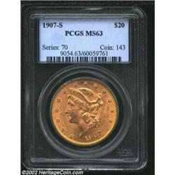 1907-S $20 MS63 PCGS. A boldly struck Double Eagle that has good cartwheel luster and an immaculate.