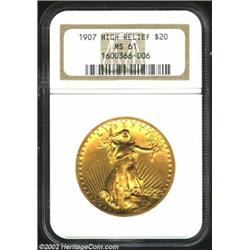 1907 $20 High Relief, Wire Rim MS61 NGC. A lovely green-gold example with warm reddish highlights th