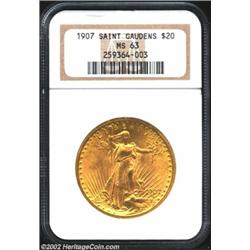 1907 $20 Arabic Numerals MS63 NGC. Arabic date type with a few abrasions on its yellow-gold surfaces