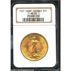 1907 $20 Arabic Numerals MS63 NGC. Lustrous and satiny with no major blemishes. From the Aaron Bliss