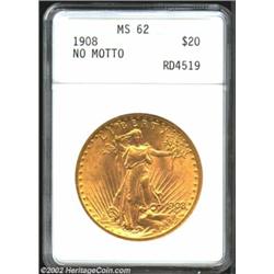 1908 $20 No Motto MS62 ANACS. A sharply struck and lustrous example that has refreshingly undisturbe