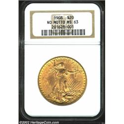 1908 $20 No Motto MS63 NGC. The orange-gold surfaces are well frosted with a few abrasions.From the.