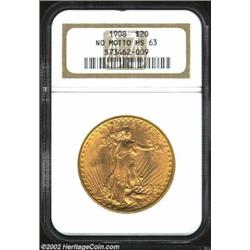 1908 $20 No Motto MS63 NGC. Bright and especially lustrous, with a few small marks concentrated most