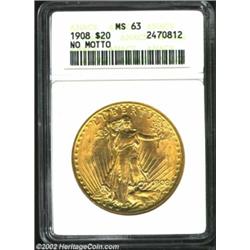 1908 $20 No Motto MS63 ANACS. Flashy with only a hint of striking weakness on the highpoints. Import