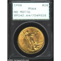 1908 $20 No Motto MS64 PCGS. A lustrous and needle-sharp near-Gem that has wisps of honey-gold patin